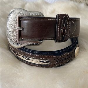 NOCONA Black Brown Leather Western Belt 32” Silver Accents